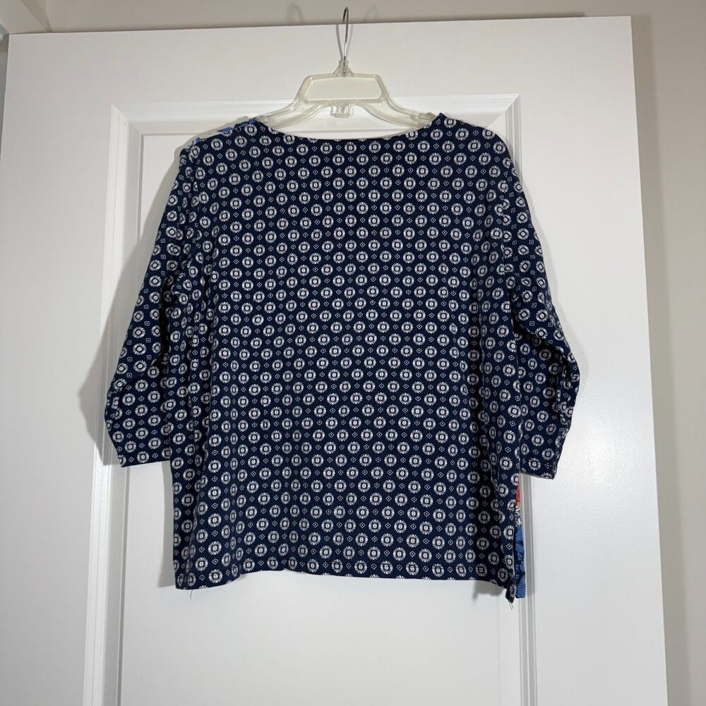 Alfred Dunner Navy Patchwork Print Embellished Top Sz L